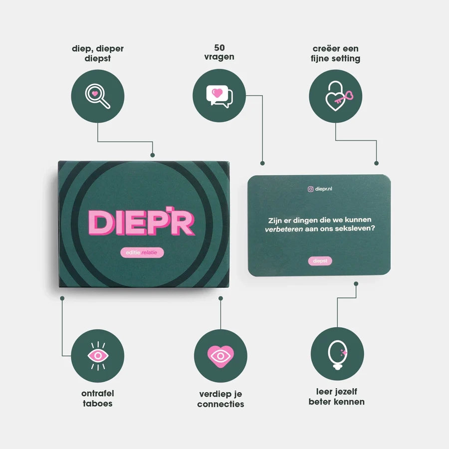 Diepere vragen. Diepere verbinding. Diepere liefde. Dat is waar het om draait bij de relatie editie van DIEP’R. Het vragenspel dat je relatie verdiept. Durf jij je kwetsbaar op te stellen? Je diepste verlangens bloot te leggen? En echt naar jezelf en de ander te kijken? Speel het spel en bepaal zelf hoe diep jullie gaan.