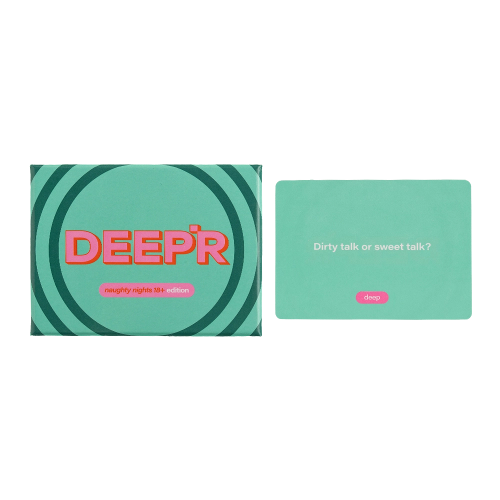 DEEP'R’s naughty nights edition. The question game that brings out your fantasies, kinks, and secret cravings. If you’ve been waiting for a sign to spice things up, this is it. Whether you’re in for a playful tease or ready to go all in, this game sets the scene to explore your deepest pleasures.