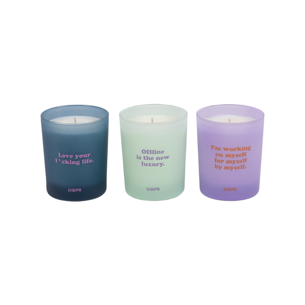 DIEP'R SCENTED CANDLES Geurkaarsen set van 3 met quotes