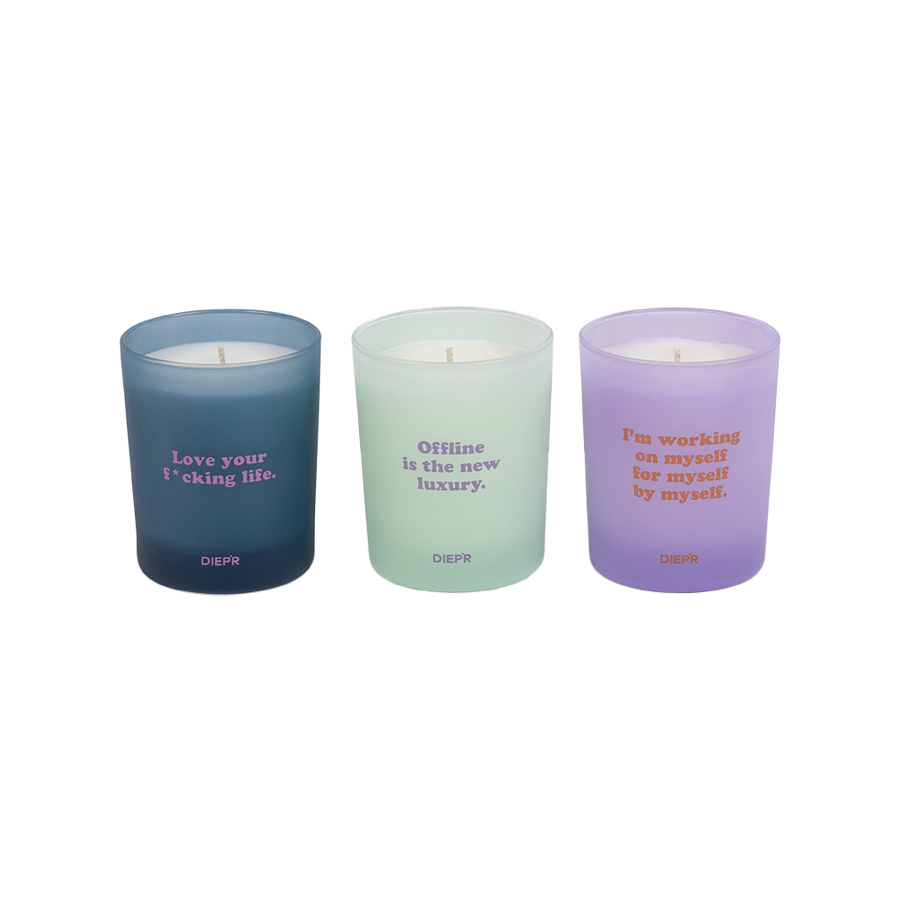 DIEP'R SCENTED CANDLES Geurkaarsen set van 3 met quotes
