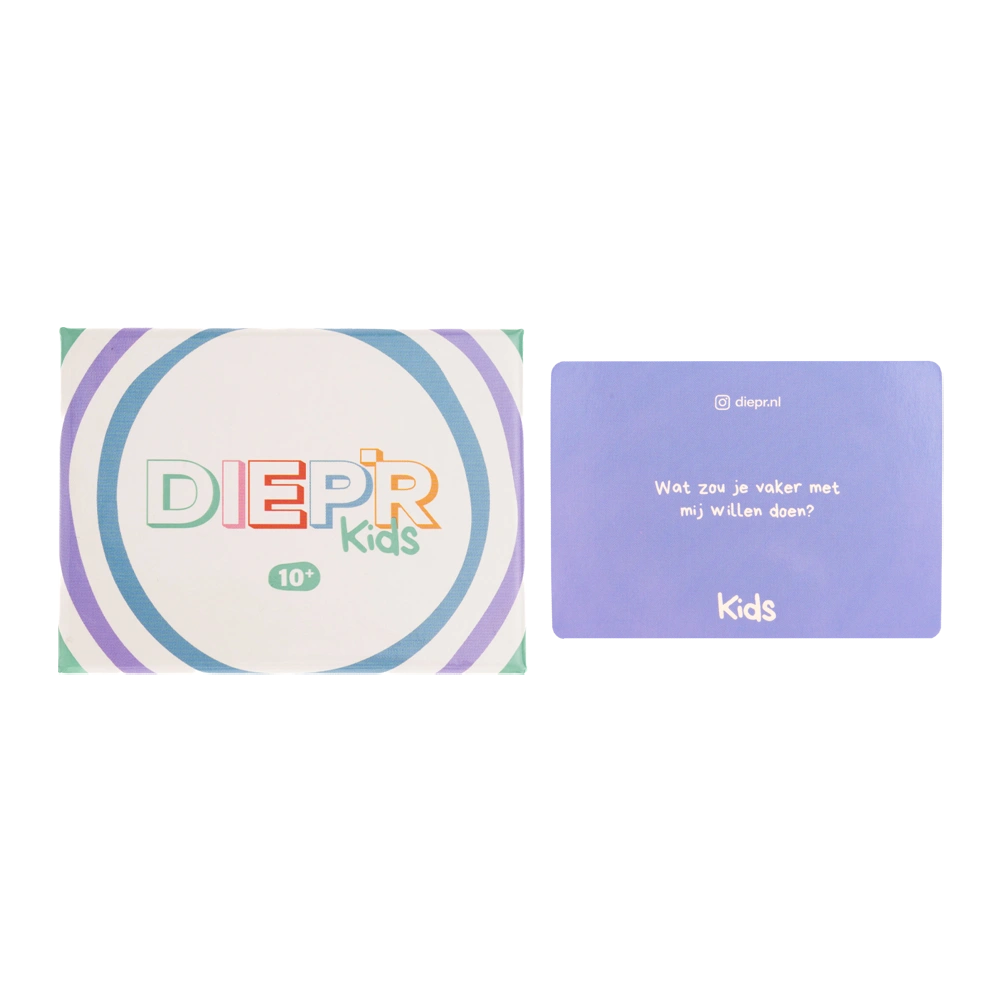 Leer jezelf beter kennen met de DIEP’R Kids 10+ editie. Duik je dieper in de vragen die je laten lachen, nadenken en voelen. Speel dit spel samen met je vrienden, familie of wie je maar wilt. 