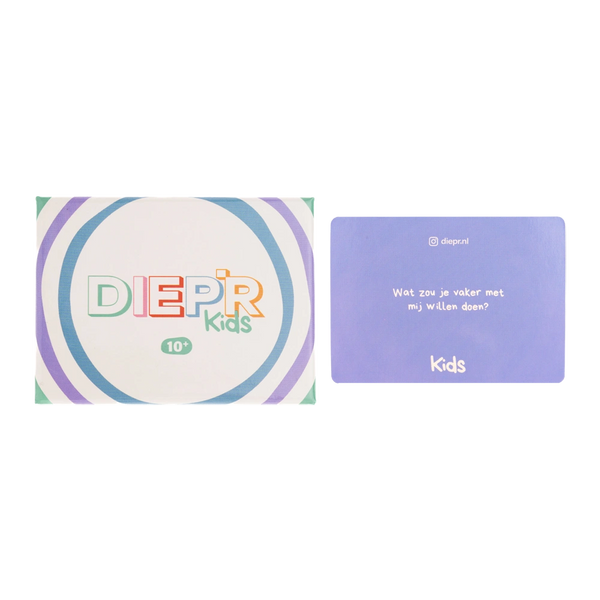 Leer jezelf beter kennen met de DIEP’R Kids 10+ editie. Duik je dieper in de vragen die je laten lachen, nadenken en voelen. Speel dit spel samen met je vrienden, familie of wie je maar wilt. 