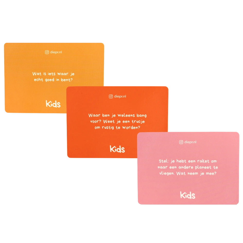 3 voorbeeld kaartjes van DIEP'R KIDS 5+, het kaartspel vanaf 5 jaar om te leren praten over je emoties en gevoelens. 