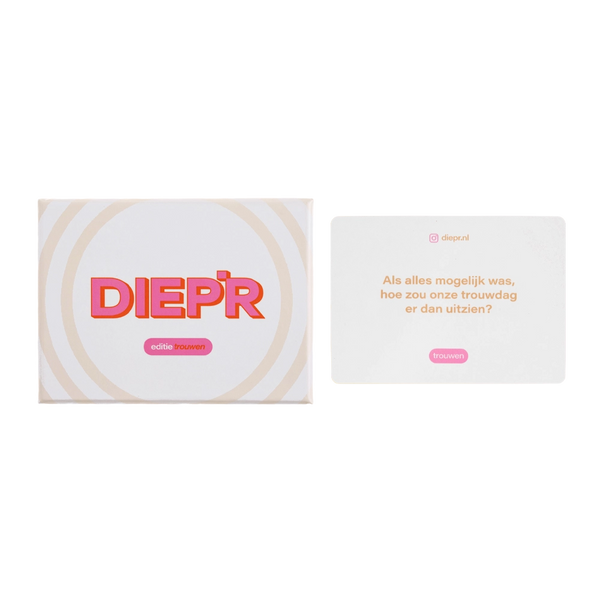 DIEP’R TROUWEN de focus terug waar hij hoort: op jullie twee. Verwacht verrassende vragen, nieuwe inzichten en vooral veel lol. Perfect voor een avondje wedding prep, of gewoon voor de fun. Dit is jullie shortcut naar de bruiloft van jullie dromen.