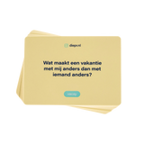 Met DIEP’R VACAY maak je herinneringen die verder gaan dan selfies Trek een kaartje en ontdek de vragen die je laten lachen, nadenken, reflecteren en connecten.