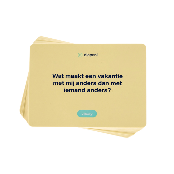 Met DIEP’R VACAY maak je herinneringen die verder gaan dan selfies Trek een kaartje en ontdek de vragen die je laten lachen, nadenken, reflecteren en connecten.