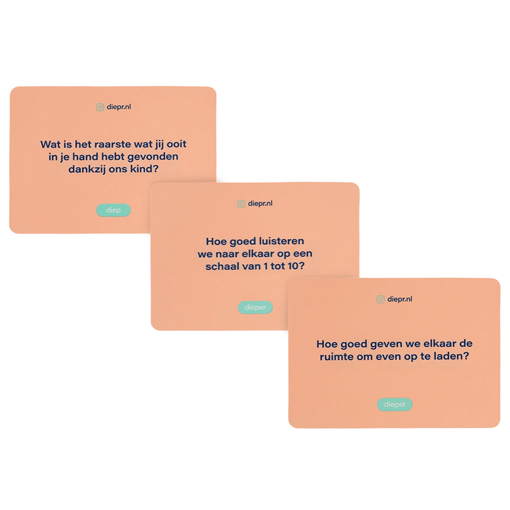 3 kaartjes met diepgaande vragen van het tropenjaren DIEP'R kaartspel. 