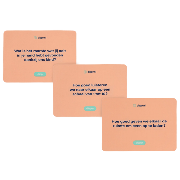 3 kaartjes met diepgaande vragen van het tropenjaren DIEP'R kaartspel. 