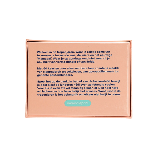 DIEP'R TROPENJAREN SPEL - Achterkant van het kaartspel met diepgaande vragen voor jou en je partner. 